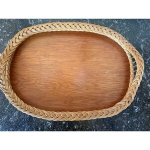 Vtg MCM 20" Wood & Wicker Gallery Tray - Long Rattan Serving Platter - Boho
